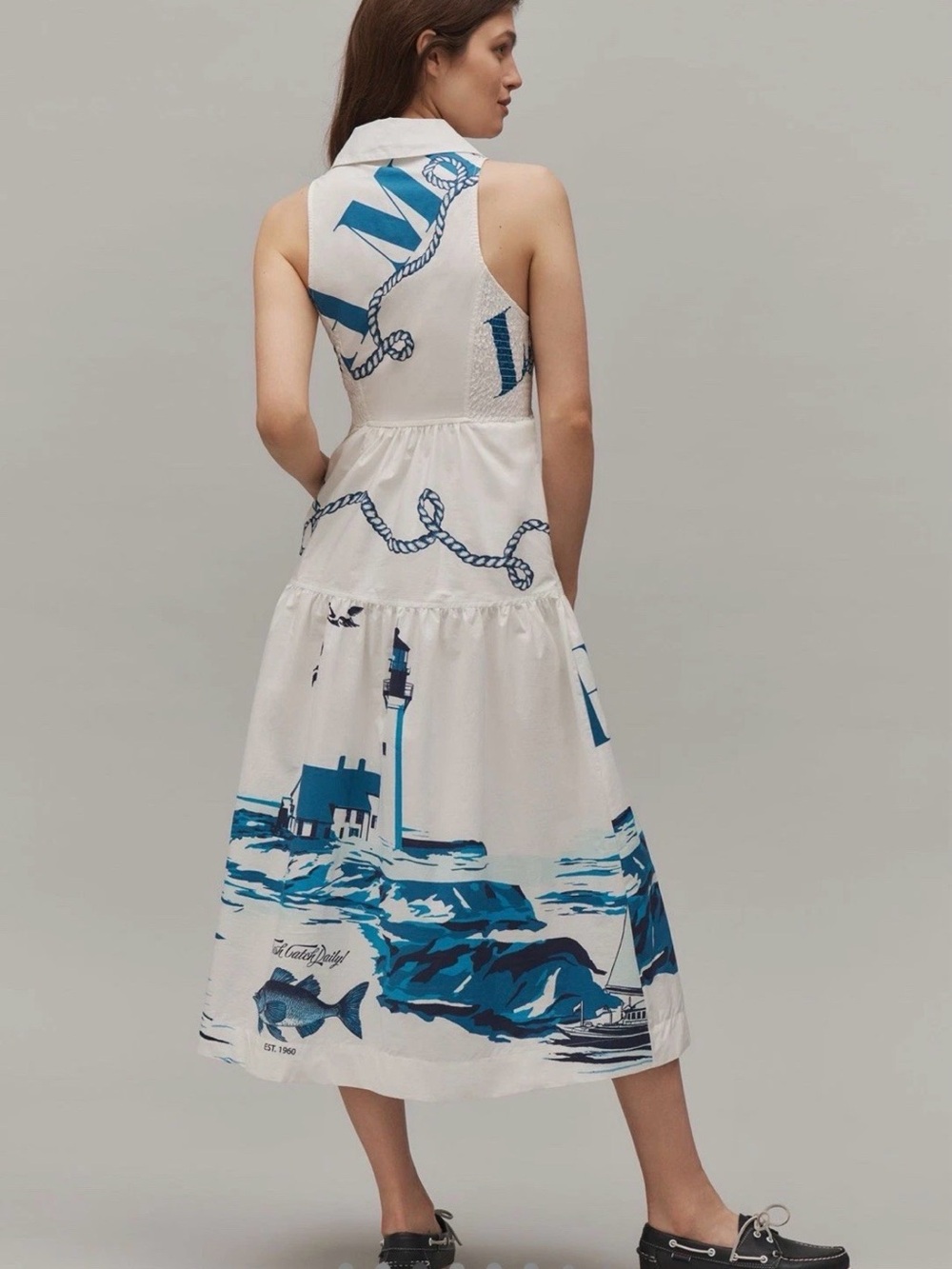 Anthropologie Maeve Sleeveless White Nautical Print Midi Dress — Blue Motif - Picture 2 of 10